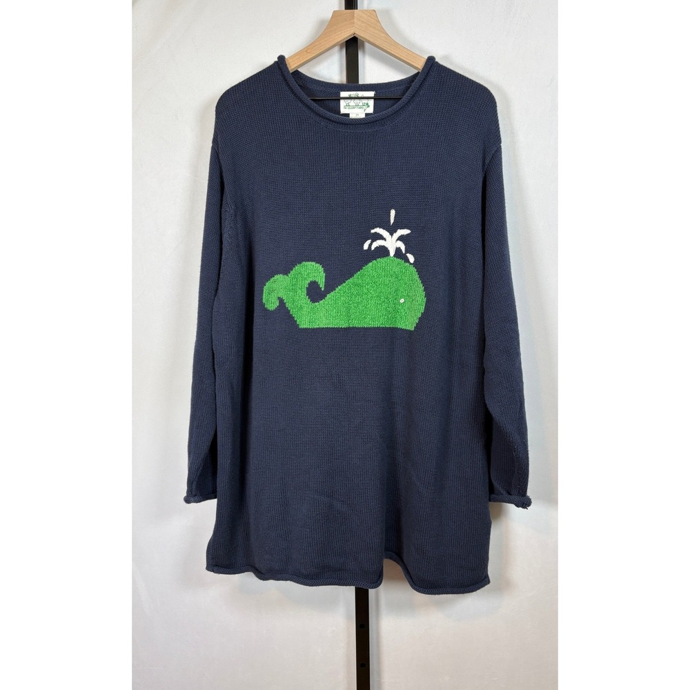 Quacker Factory Sweater Women 2X Navy Blue Whale Vintage Knit Coastal Preppy